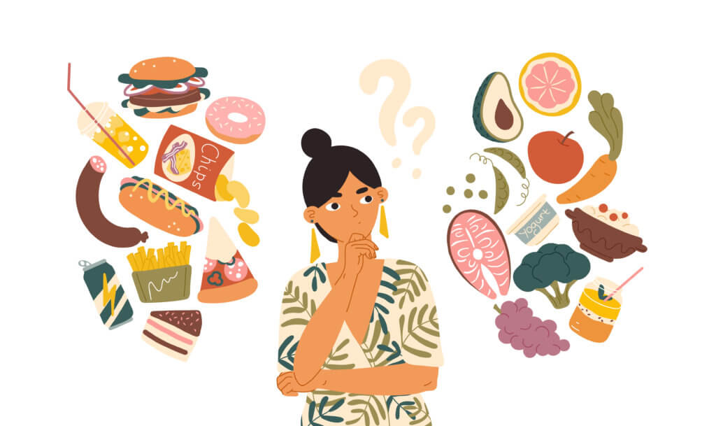 Woman deciding between healthy and unhealthy foods