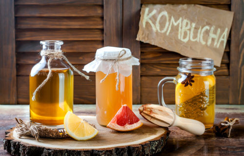 Homemade fermented raw kombucha tea with different flavorings