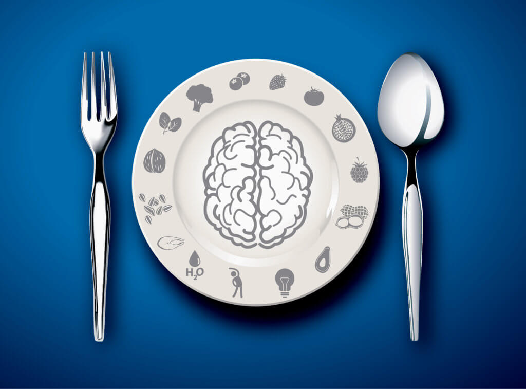 Plate with image of a brain on it and healthy food for diet