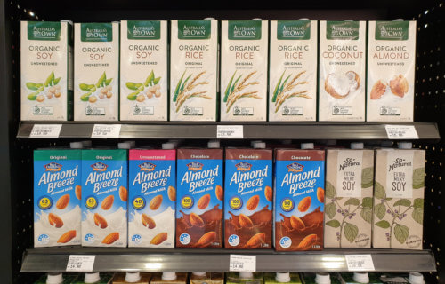 Plant-based milk brands in a grocery store